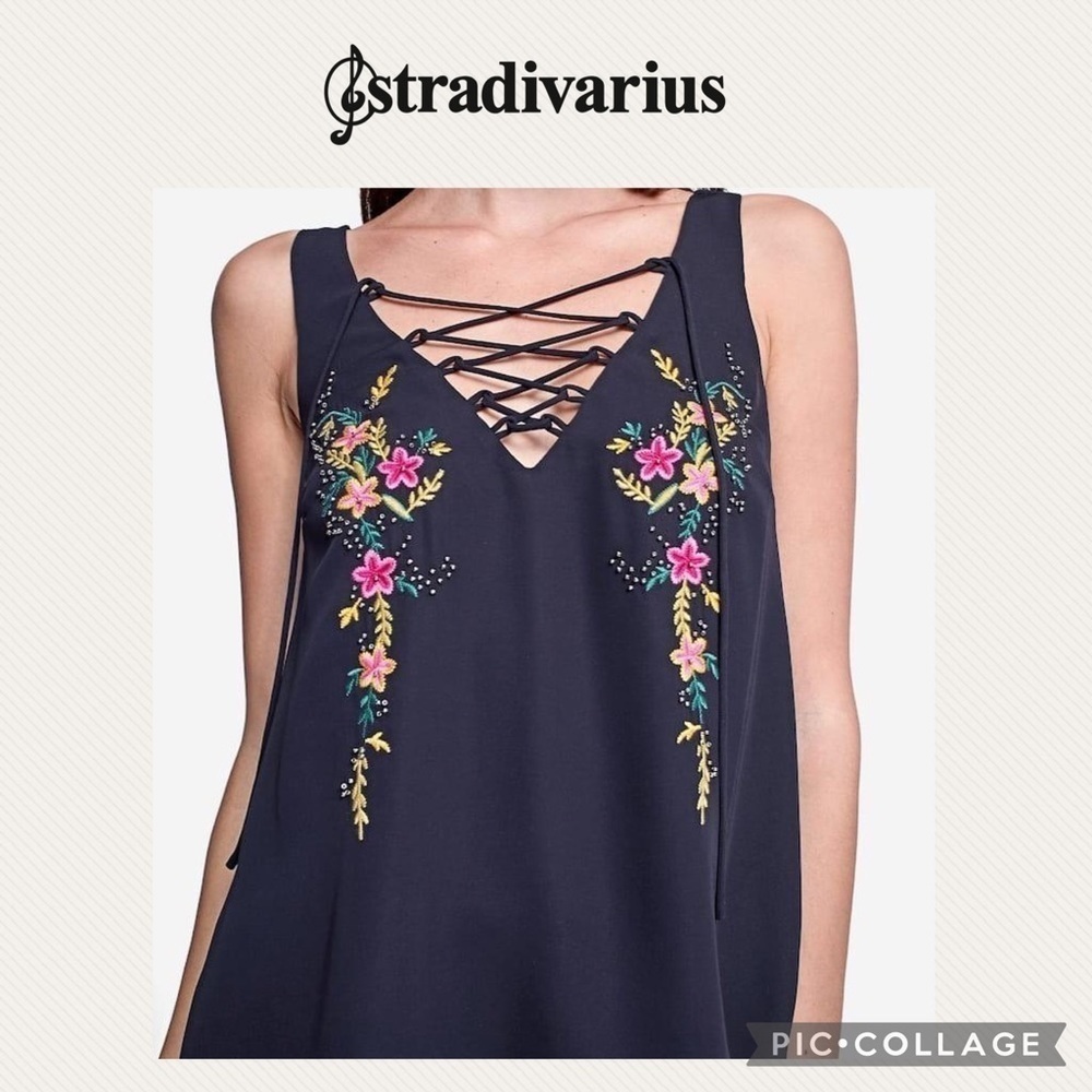 Stradivarius Black lace up embroidered top